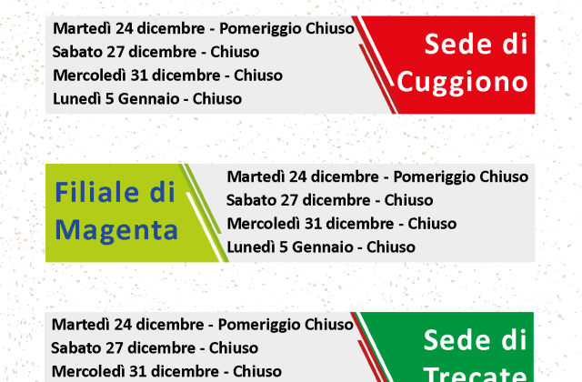 Chiusure per Festività